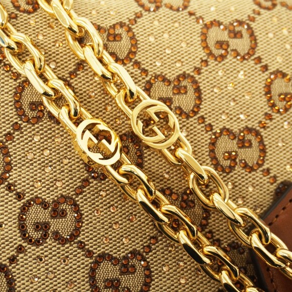 Gucci Bamboo Diana Crystal Handbag 707449 Canvas Leather Brown Beige 2-Way Ba... - Picture 12 of 13